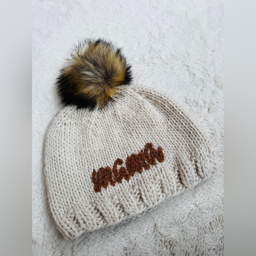 NWT Mama Bear Knit Beanie Hat Cream Brown Pom‎ Pom Winter Cap